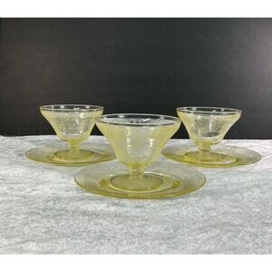 VTG Set 3 Hazel Atlas Florentine Yellow Depression Glass Sherbet Cups & Saucers